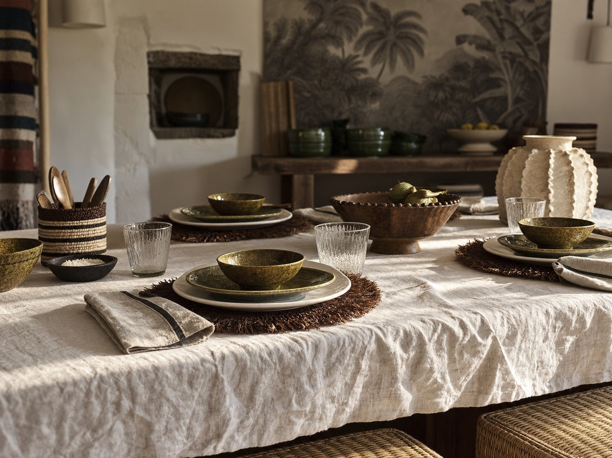 Table dressée ZliZ : vaisselle de Tamegroute, sets en raphia et vase en terre